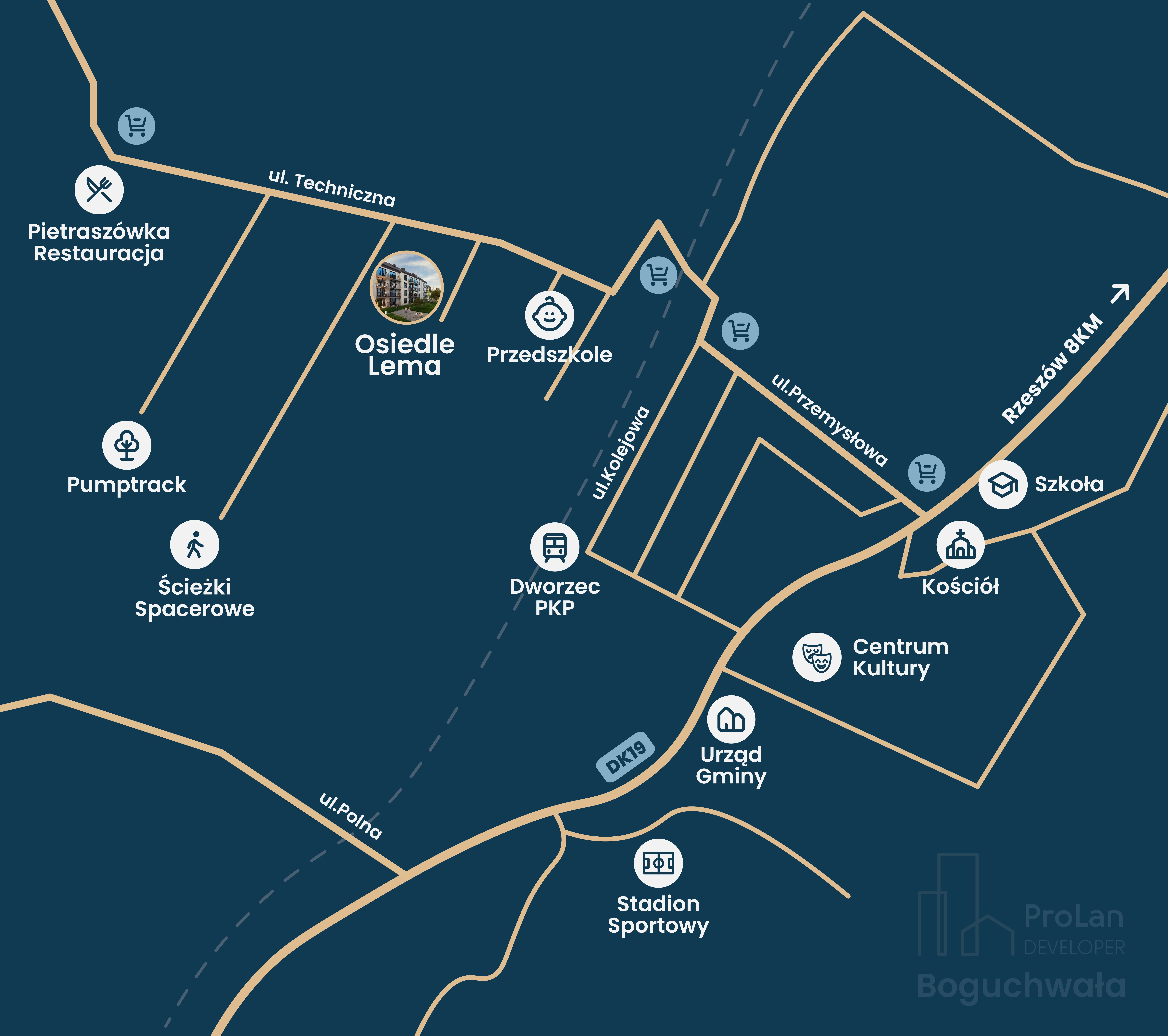 Osiedle Lema, mapa orientacyjna. Atrakcyjna lokalizacja w centrum Boguchwały, blisko Rzeszowa.